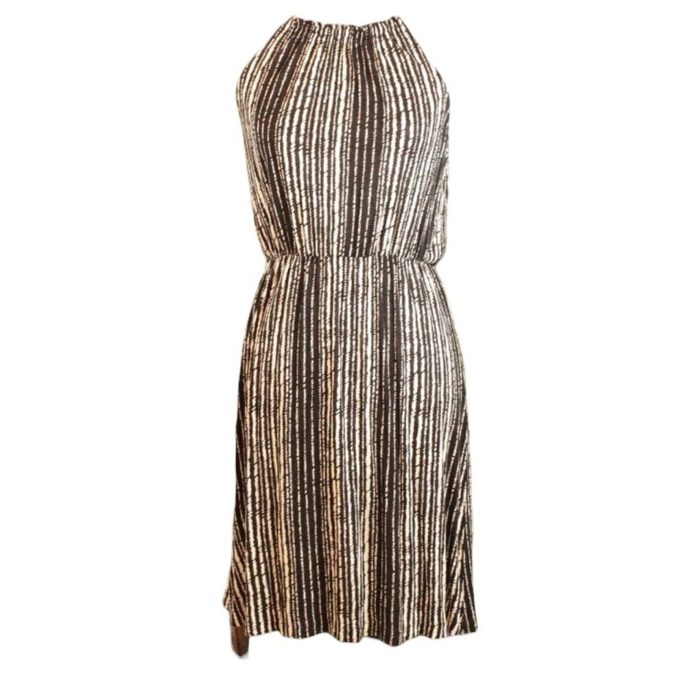 LOFT XS Petite Black White Striped Sleeveless Midi Dress Tie Belt